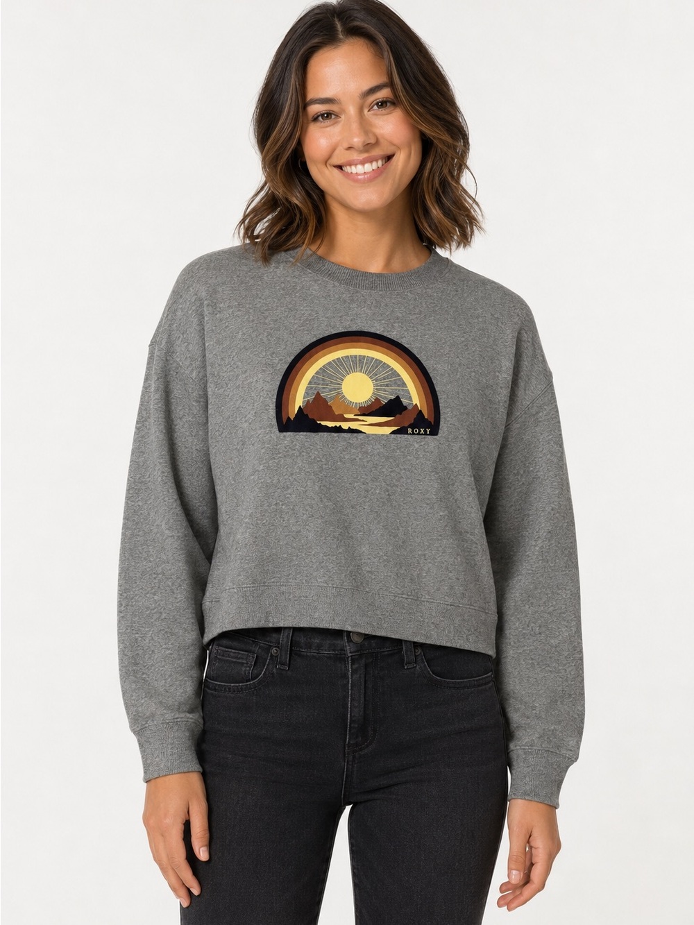 Roxy Gray Graphic Sweatshirt Long Sleeve Lightweight Cropped Boxy Fit XL